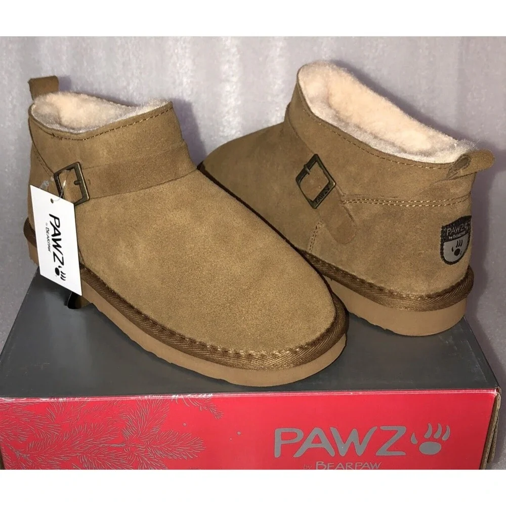 Pawz Bearpaw Amy Ankle Boots Youth Girls Size 10 Brown Genuine Suede Wool Lining